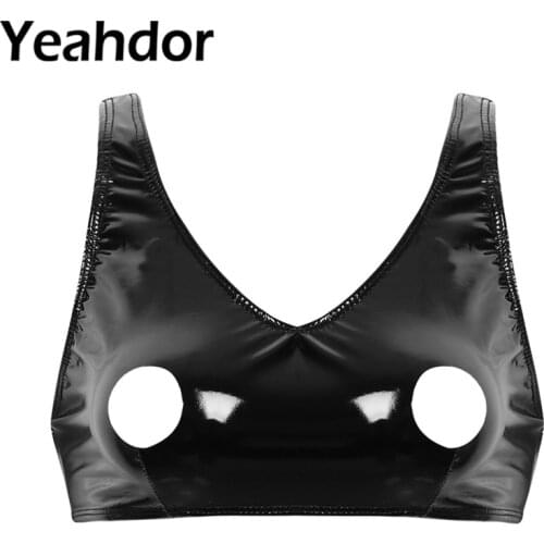 Womens Wet Look Patent Leather Open Nipples Hole Design Lingerie Sexy Bra Tops Wide Shoulder Straps Back Zipper Bra Top Crop Top