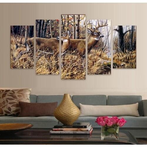 HD Prints Wall Art Unframed Canvas Pictures 5 Pieces Whitetail Deer Buck And Doe Paintings Home Decor Living Room Animal Poster
