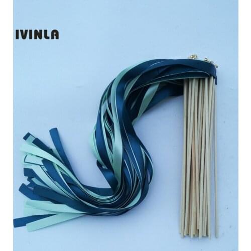 50pcs/lot Navy & green wedding ribbon wands stick With gold Bells for wedding party