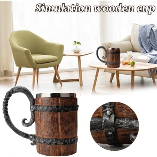 550ML Wooden Barrel Beers Mug Bucket Shaped Large Capacity Stainless Steel Liner Cup Large Handle Simulation Log CLH@8