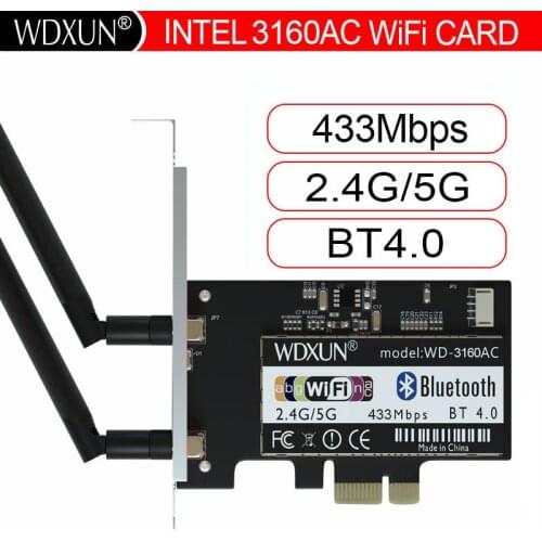 6DB Antennas Intel Dual Band Wireless-AC 3160 Intel3160 3160HMW 2.4&5G 433M BT4.0 PCI-E 1X PCIe WiFi Wireless Card For desktop