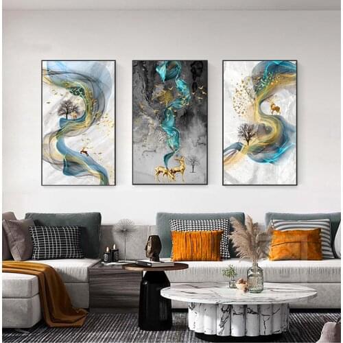 Abstract Golden Deer Painting Tableaux Big Size Blue Print Gold Wall Art Picture F Living Room Modern Cuadros Canvas Art