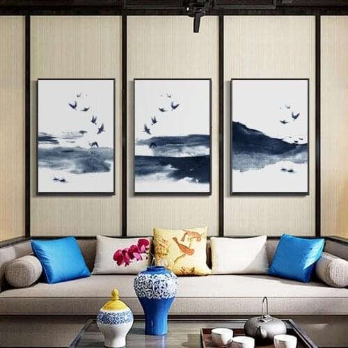 Chinese Abstract Ink Landscape Canvas New Printed Flying Birds Blue Posters Wall Art Pictures For Living Room Decor