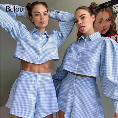 Bclout Casual Lantern Sleeve Plaid Shirt Wide Leg Shorts Women' Suit Sexy Single Breasted Crop Top High Waist Shorts 2 Piece Set