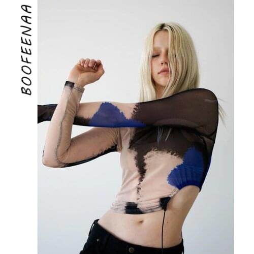 BOOFEENAA Tie Dye Printed Sheer Mesh Asymmetrical Long Sleeve Crop Top Aesthetic Grunge Clothes Y2k Graphic T Shirts C83-BC12