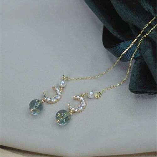 Zircon Moon Planet Drop Earrings Real 925 Sterling Silver Ear line Tassel Natural Pearl Earrings for Women Gift Handmade Jewelry