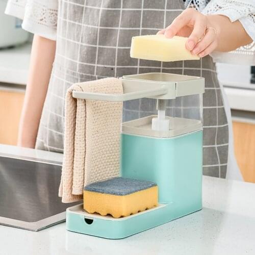 Upgrade 3 In 1 Soap Dispenser Kitchen Manual Press Liquid Soap Drip Plate Dishcloth Towel Sponge Rack Organizer Cleaning Tools