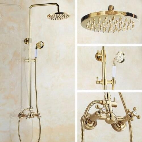Two Cross Handles 8'' Bath Rain Shower System with the Shower Head & Hand shower Set Faucet Mixer Tap Gold Color Brass agf332