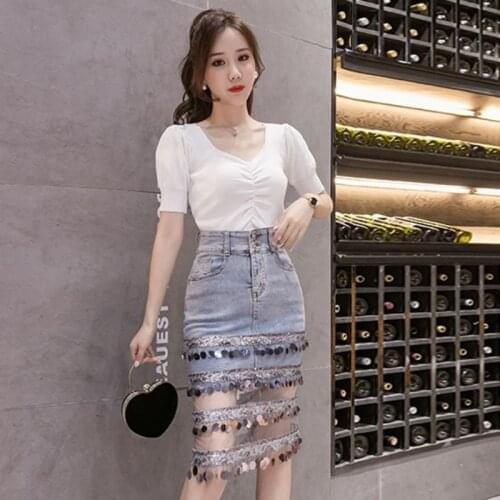 High waist denim skirt womens half length short skirt shows thin new Sequin stitching breasted skirt in spring and summer