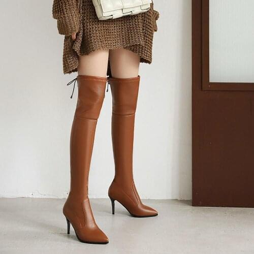 PU Stretch Thigh High Boots Sexy Elastic Slim Over the Knee Boots Womens Fashion High Heels Black Fetish Long Shoes