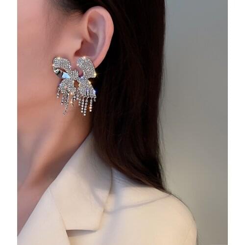 European and American exaggerated personality fashion temperament jewelry inlaid rhinestone bow earrings for female (single one)