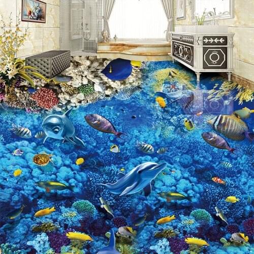HD Underwater World Dolphin Photo Wallpaper Custom 3D Floor Tiles Mural PVC Waterproof Self-Adhesive Bedroom 3D Floor Wall Paper