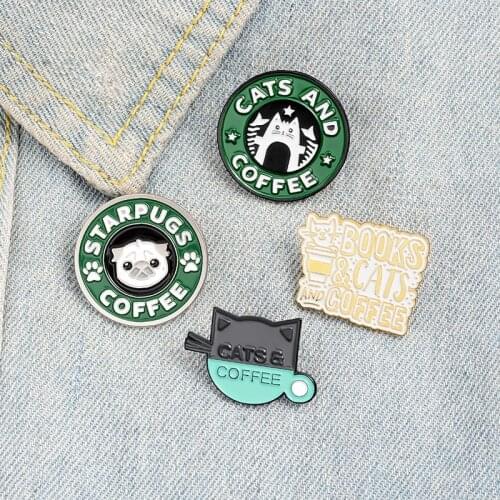 Cats Coffee Round Enamel Pins Cartoon Pug Puppy Cat Cafe Brooches Bag Shirt Button Badges Cute Animal Jewelry Gift for Friends