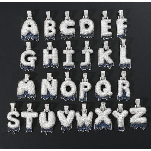 MATHALLA Newest Hiphop A-Z 26 Blue Dripping Bubble Letters Necklace Mens 2 Tones Iced Out CZ Lava Initial Letter Pendant Jewelry