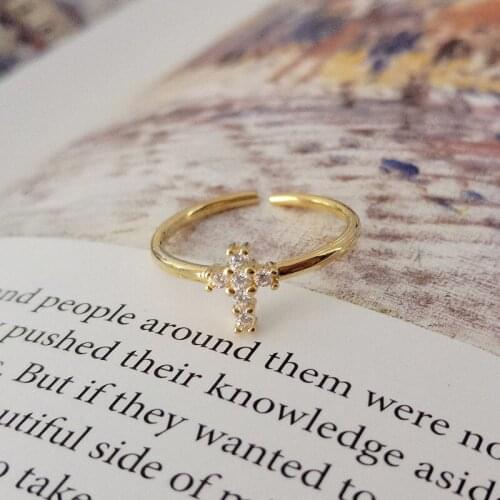 Cute Female White Crystal Stone Ring Charm 100% Real 925 Sterling Silver Engagement Ring Gold Cross Open Wedding Rings For Women