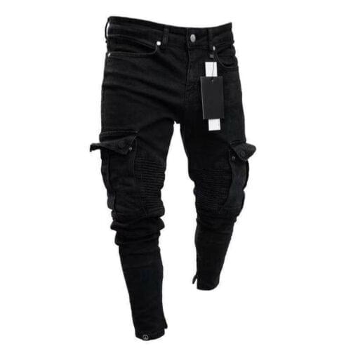 Men Biker Ripped Long Denim Trousers Skinny Jeans Pants Destroyed Stretchy-Black 2021 Fashion Bottom zipper Pants