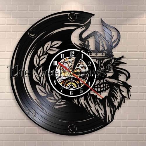 Viking Skull Wall Art Wall Clock Skull Helmet Horns Norway Sea Sailing Warrior Barbarian Valhalla Retro Vinyl Record Wall Clock