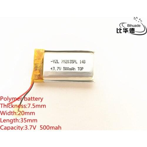 Free shipping 10pcs/lot Polymer battery 500 mah 3.7 V 752035 smart home Li-ion battery for dvr GPS mp3 mp4