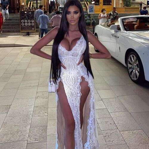 Kesiachiccly Sexy Spaghetti Strap sequin party dress women High split maxi dress female Christmas evening long dress vestidos