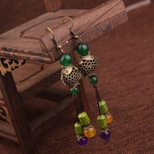 Nipal handmade vintage Original design brass fish moutain new stone dangle earrings ,New Ethnic jewelry Chinese rhyme earrings