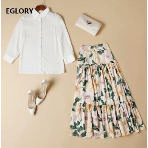 High Quality Skirt Suits 2021 Spring Summer Fashion 2 Piece Set Women Turn-down Collar White Shirts+Runway Print Skirt Sets