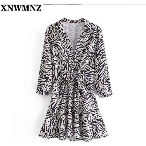 XNWMNZ 2021 Women Animal Print Shirt Short Dresses Fashion half Sleeve Woman Summer Dress Elastic Waist Vintage Dress Female