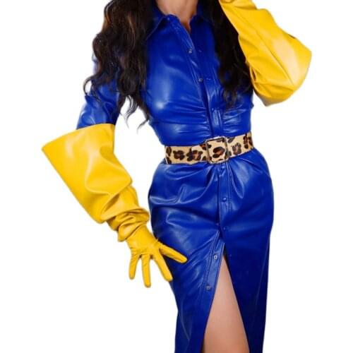 NEW Long Leather Gloves Female 28'' 70cm Loose Faux Sheepskin Leather Yellow PU Leather Big Sleeve Women Gloves WPU326