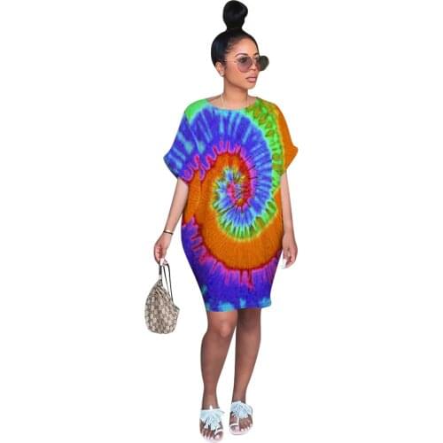 S-XXL Womens Tie-Dye Printed Short Sleeve Crewneck Whirlpool Summer Casual Loose T-Shirt Dress