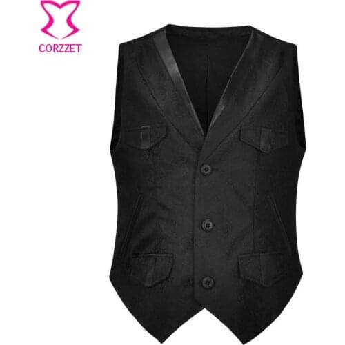 Black Brocade V Neck Sleeveless Steampunk Suit Vest Men Gothic Waistcoat Corset Medieval Jacket Victorian Coat Vintage Clothes