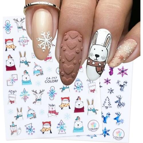 1 Sheet 3D Cartoon Christmas Nail Art Slider Adhesive Sticker Rabbit Santa Snowflake Elk Polish Nail Decorations JICA717-724-1