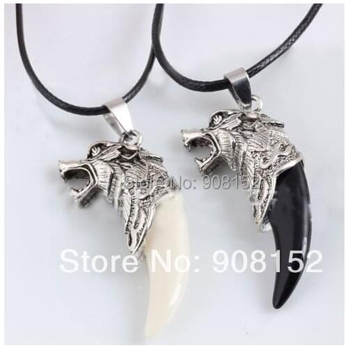 12pcs Cool Wolf Tooth Necklace, Wolf Head Pendant + Artificial Animal Teeth + Leather Chain Necklace