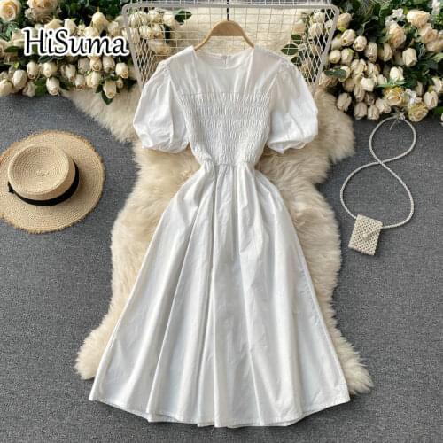2021 summer new women o-neck layer puff sleeve cotton A-line dress female Chic pure white elegant waist dresses