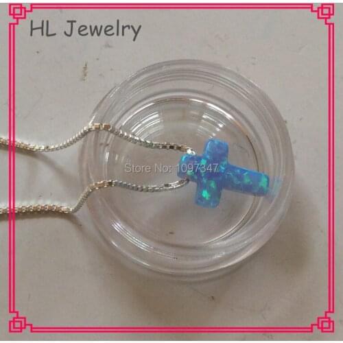 30PCS/Lot 9*12MM OP06 Azure Blue Cross Synthetic Opal Pendant 925 Silver Necklace
