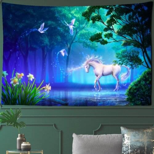 White Horse Tapestry Unicorn Tapestry Home Decoration Sofa Carpet Forest Scenery Living Room Wall Hanging