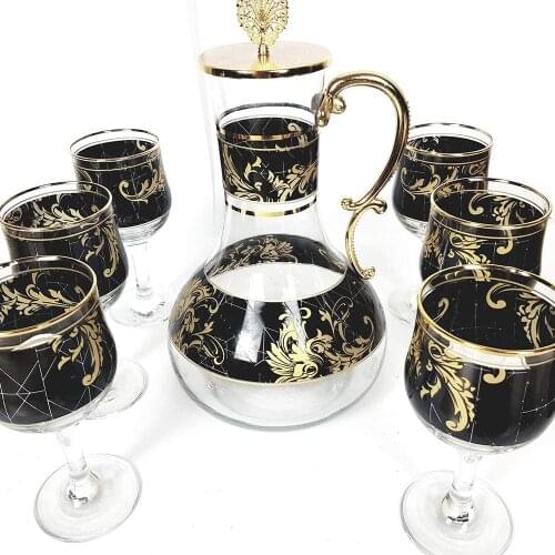 Wine Glasses Cups Decanter Set of 6 with Pitcher Jug with Lid - Water Bottle Carafe for Whisky, Champagne, Iced Tea, Juice, Lemo