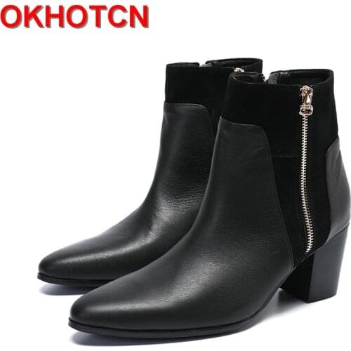 Black Mens Punk Boots High Heel Man Boots Shoes Side Zipper Ankle Boots Patchwork Spring Casual Shoes Pointed Toe Botas Hombre
