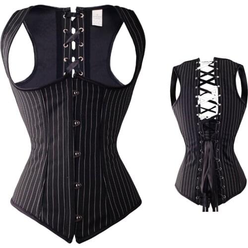 Black Gothic Sexy Women Corset Bustier Striped Halloween Costume Lace Up Lingerie Underbust Top Body Shaper