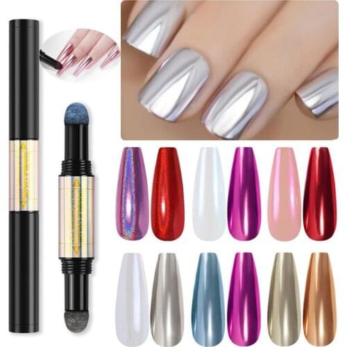 Double Headed Mirror Nail Powder Cushion Pen Jelly Nail Art Glitter Mirror Laser Effect Nails Holographics Chrome Powder 0.6g
