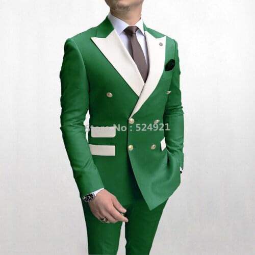 Double Breasted Men Suits Light Green Groom Tuxedos Peak White Lapel Groomsmen Wedding Best Man 2 Pieces ( Jacket+Pants+Tie )D45