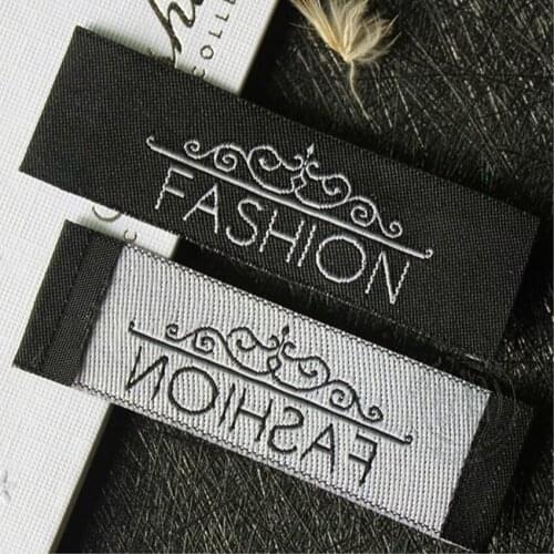 Customize 1000 pcs/lot Wood shuttle satin woven label selvage edge damask clothing labels fabric sewing tags