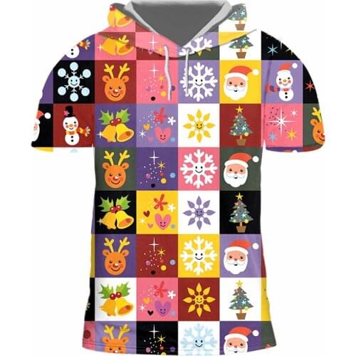 IFPD EU Size Funny Christmas Grid Stitching 3D Printed Hooded T Shirts Men Xmas Tshirt Casual Cartoon Party Short Sleeve T-shirt