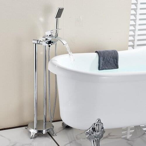 Chrome Bathtub Shower Faucet Floor Standing Bath Tub Spout Shower Single Handle Mixer Tap With Rainfall HandShower