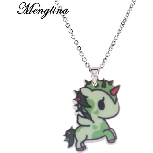Menglina Fashion Acrylic Cartoon Green Color Horse Necklace For Little Girl Flatback Resin Charm Horse Pendant Choker Necklace