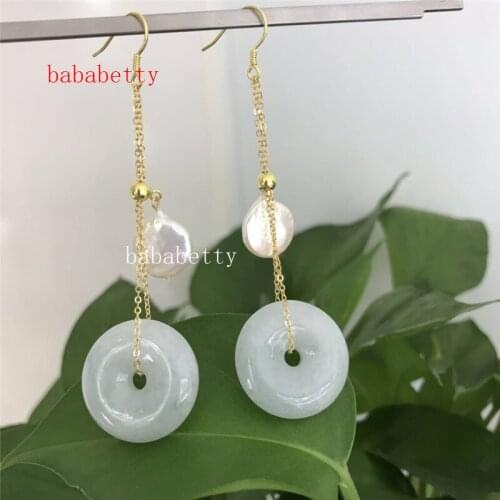 Fashion new elegant natural 23-25MM Jades safety buckle Handmade 11-12MM coin pearl swing earrings Tibetan silver hooks