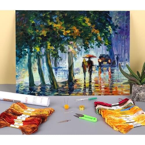 Rainy Stroll Printed 11CT Cross-Stitch Complete Kit Embroidery DMC Threads Handicraft Sewing Needlework Craft Jewelry