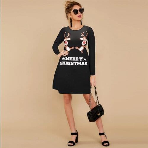 2020 New Christmas Womens Dresses Long sleeve O-neck Printed Dress Loose Mini Ladies Xmas Party Dress Short Casual Girl Vestido