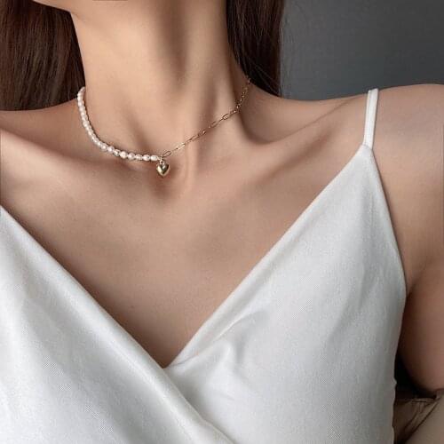 Minar Gold Love Heart Pendant Necklace for Women Titanium Steel Natural Freshwater Pearl Link Chain Asymmetric Chokers Necklaces