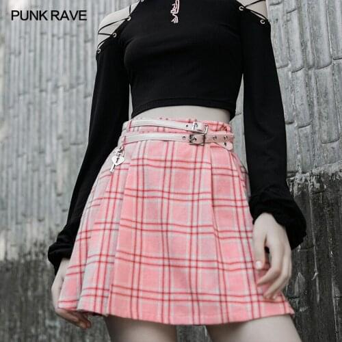 PUNK RAVE Womens Punk Sweet Cool Leather PU Cross Belt Pendant Pleated A-line Half Skirt Daily Wear Plaid Short Skirts