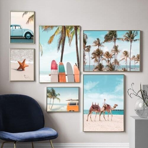 Beach Nordic Posters And Prints Surfboard van Coconut Tree Starfish Wall Art Canvas Painting Wall Pictures For Living Room Decor