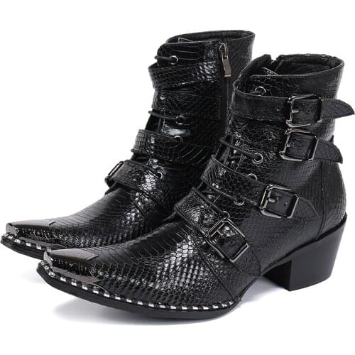 Luxury Mens Plus Size Shoes Buckle Leather Boots Pointed Toe High Heel Man Party Wedding Ankle Boots Black Motorcycle Boots